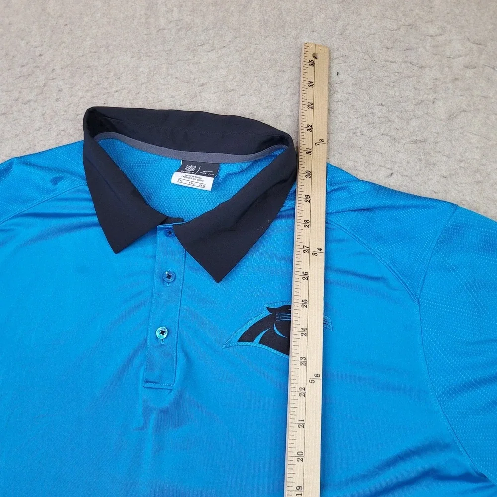 Nike Dri Fit Carolina Panthers Polo Shirt Mens 2XL Blue Short Sleeve Black Trim‎
